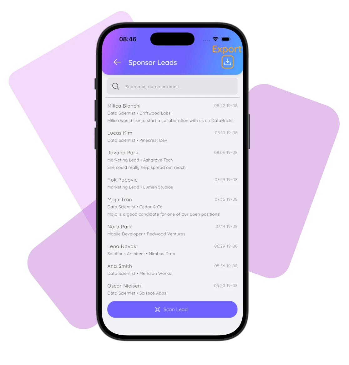 Confi app Sponsor Leads screen with the Export icon highlighted in the top right corner