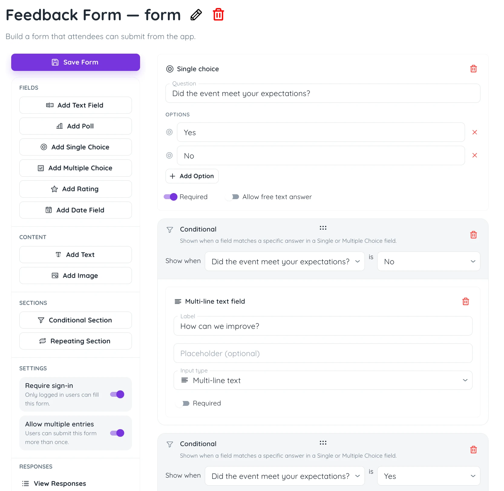 Confi admin portal form builder with rating field single choice and open text fields added to an event feedback form