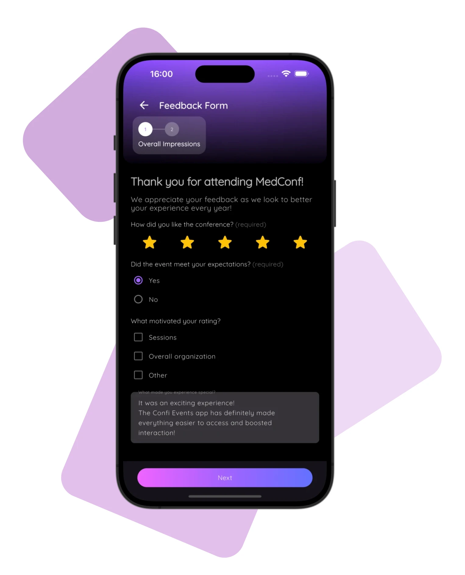 Confi conference app feedback form showing a five-star rating question and an open text field for event improvement suggestions on mobile