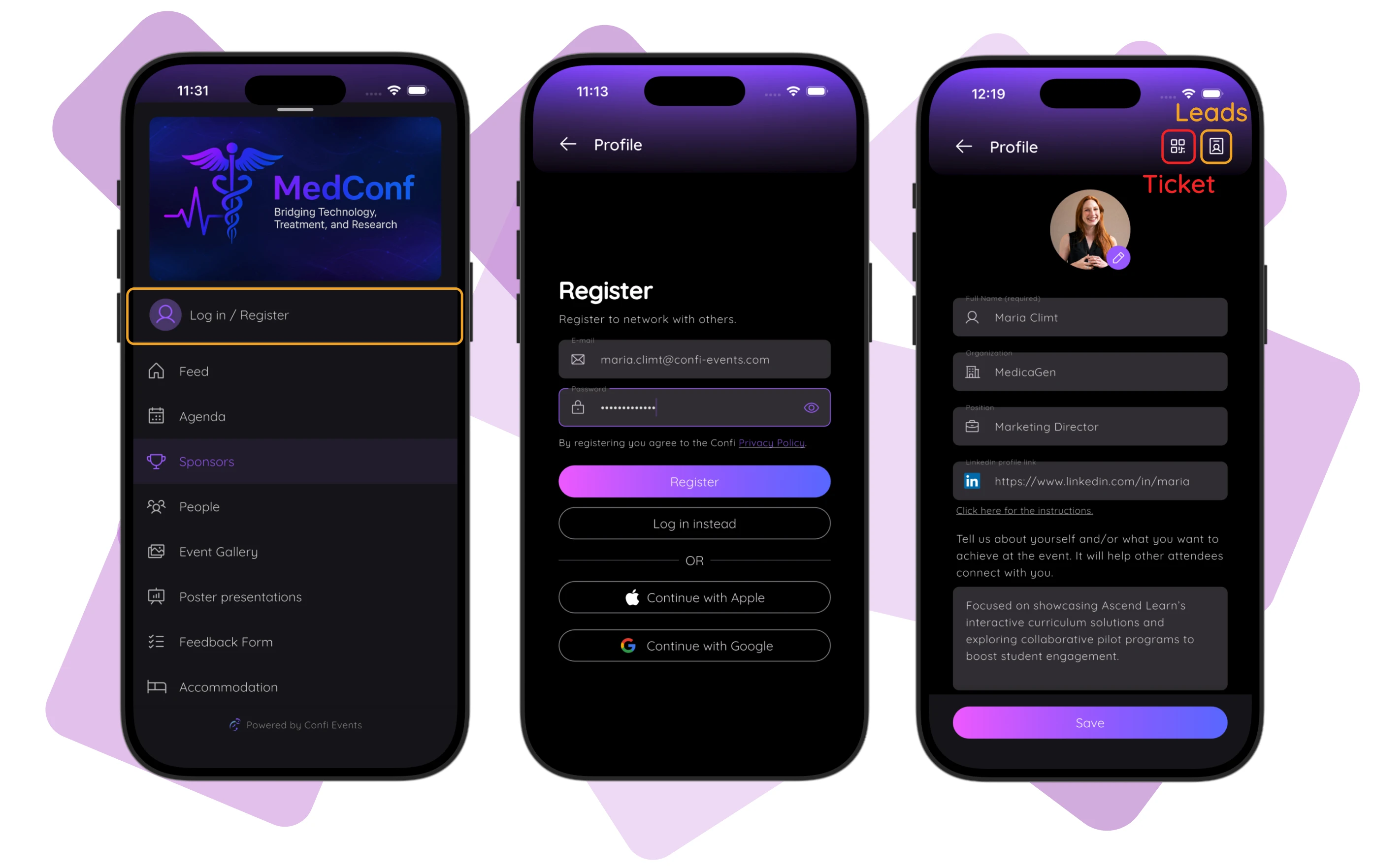 Confi app screens showing the Log in / Register menu item and the Sponsor Leads and Ticket icons on the Profile screen