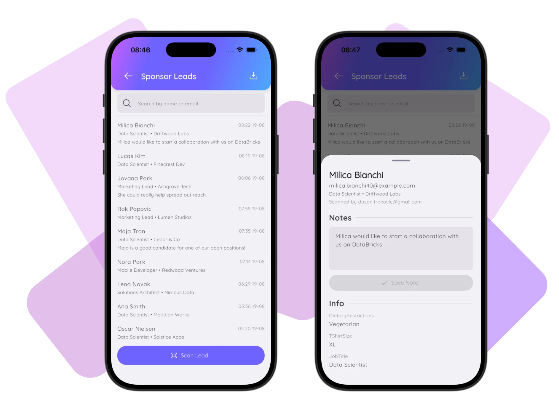 Confi app Sponsor Leads list and a scanned lead detail sheet showing name, email, scan attribution, notes, and custom registration fields