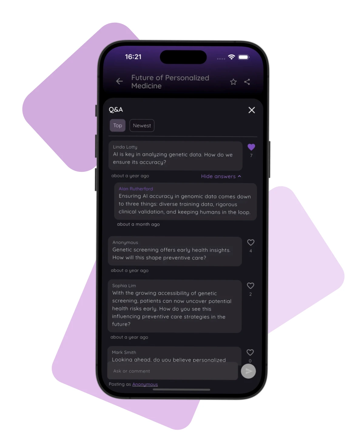 Conference app Q&A panel showing four attendee questions sorted by upvotes with like counts and a Top and Newest sort toggle at the top of the screen