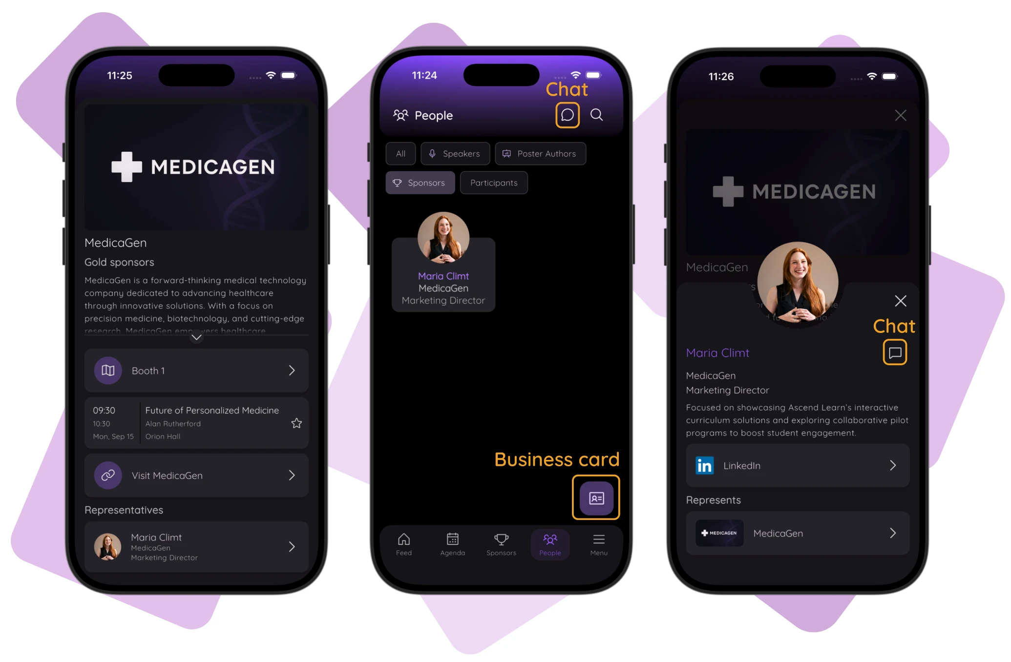 Confi app views of a sponsor representative: the sponsor's Representatives list, the People directory with the Chat and Business card icons highlighted, and the representative's profile with LinkedIn link and Chat icon