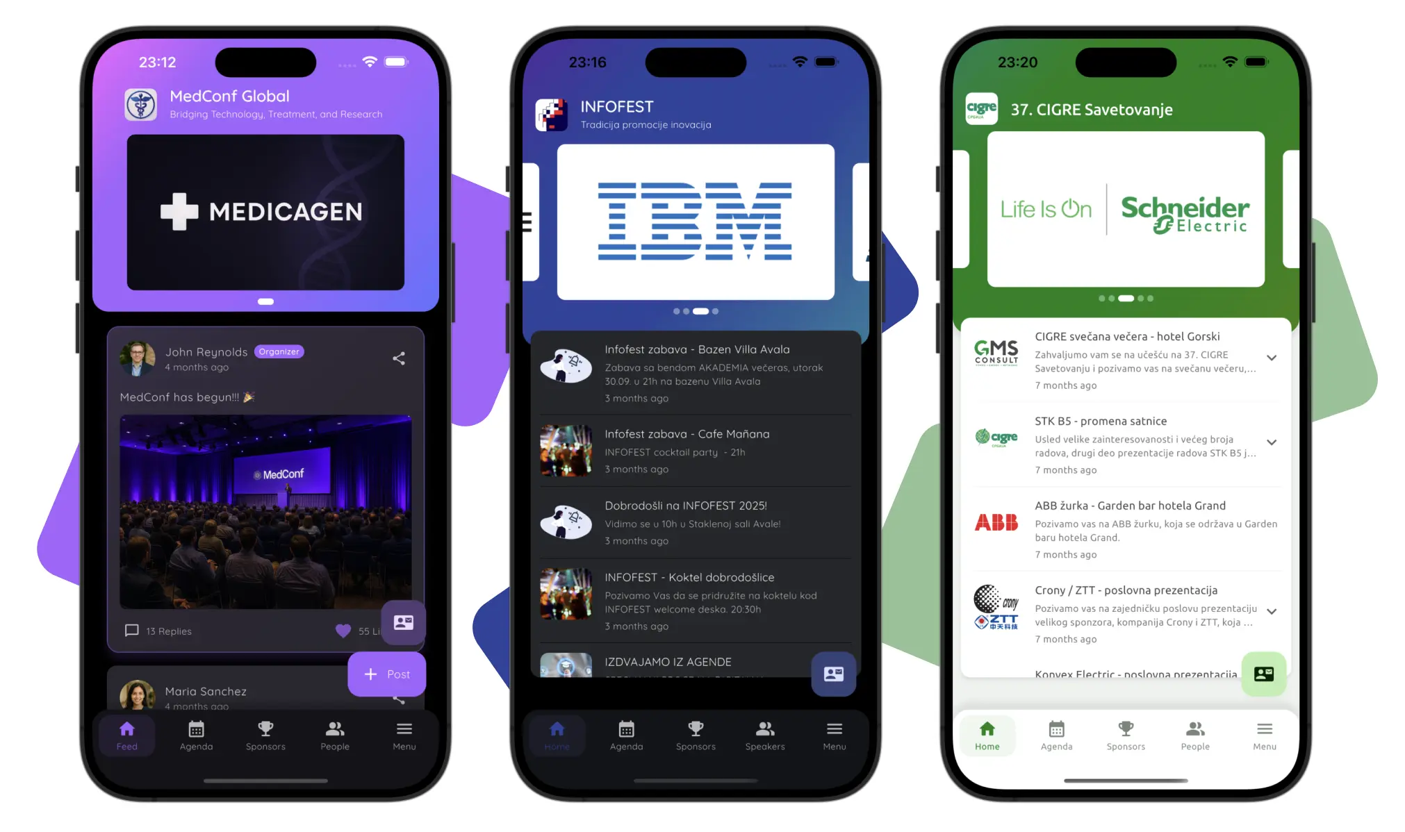 Screenshot of sponsor banners in the Confi event app news and feed screens