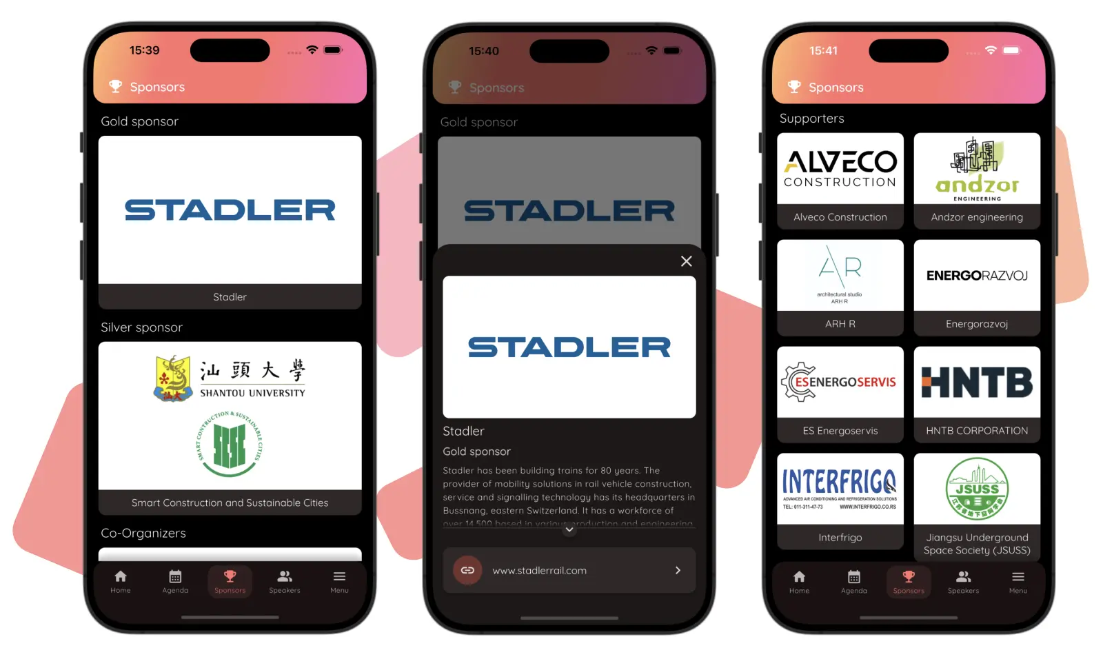 Screenshot of a dedicated sponsor profile and sponsor listing pages in the Confi event app