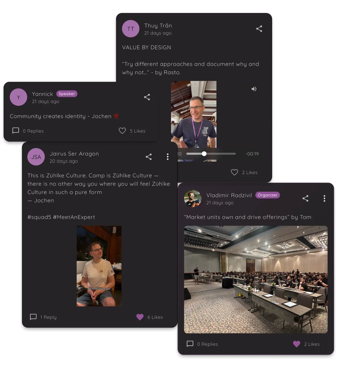 Participants sharing memorable quotes and video interviews on the internal event app