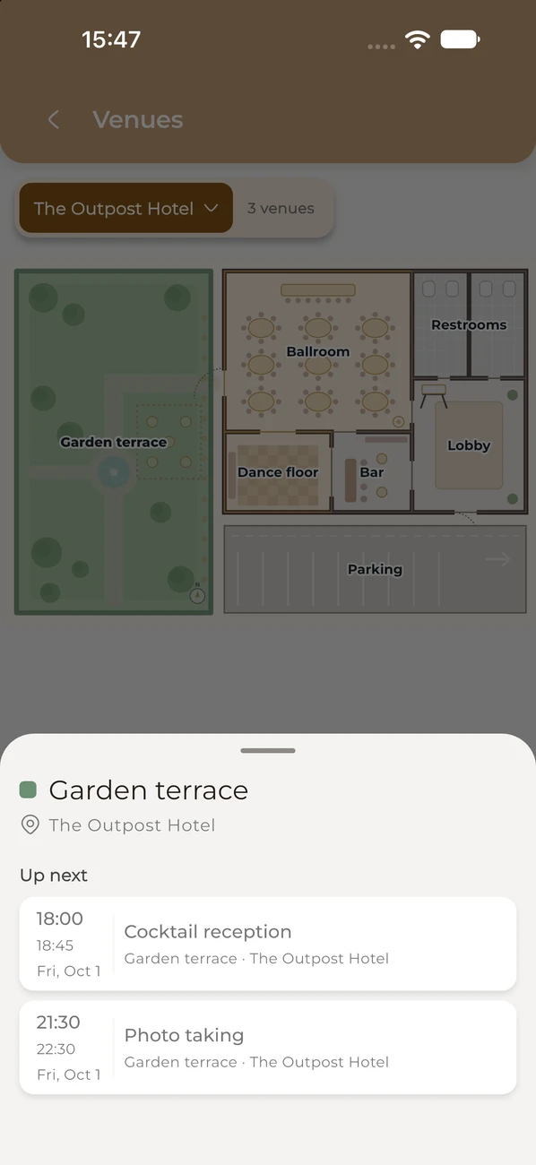 A venue selected on the map, with the moments coming up there