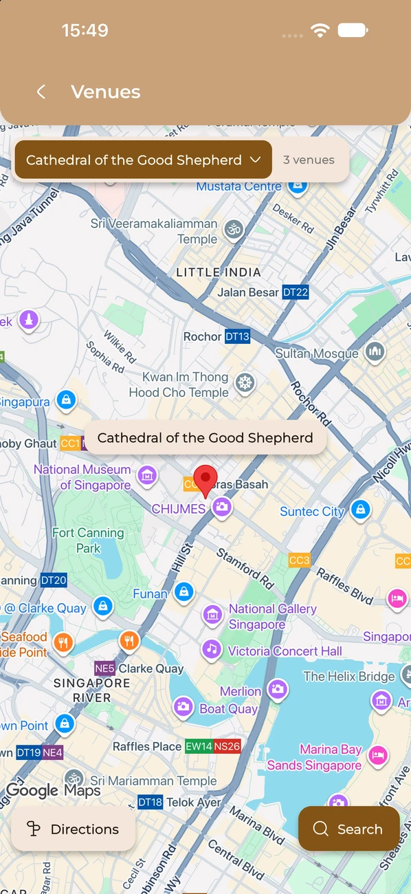 The church on the map, with its name and a Directions button