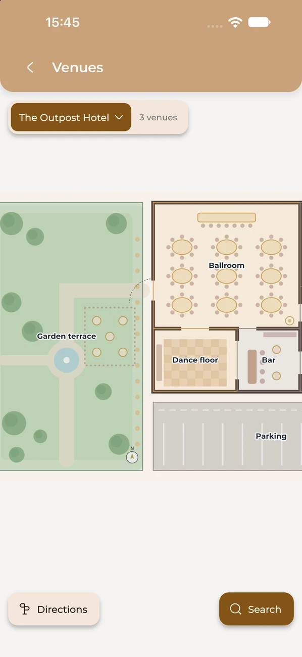 The venue floor plan with the ballroom, the dance floor and the garden terrace