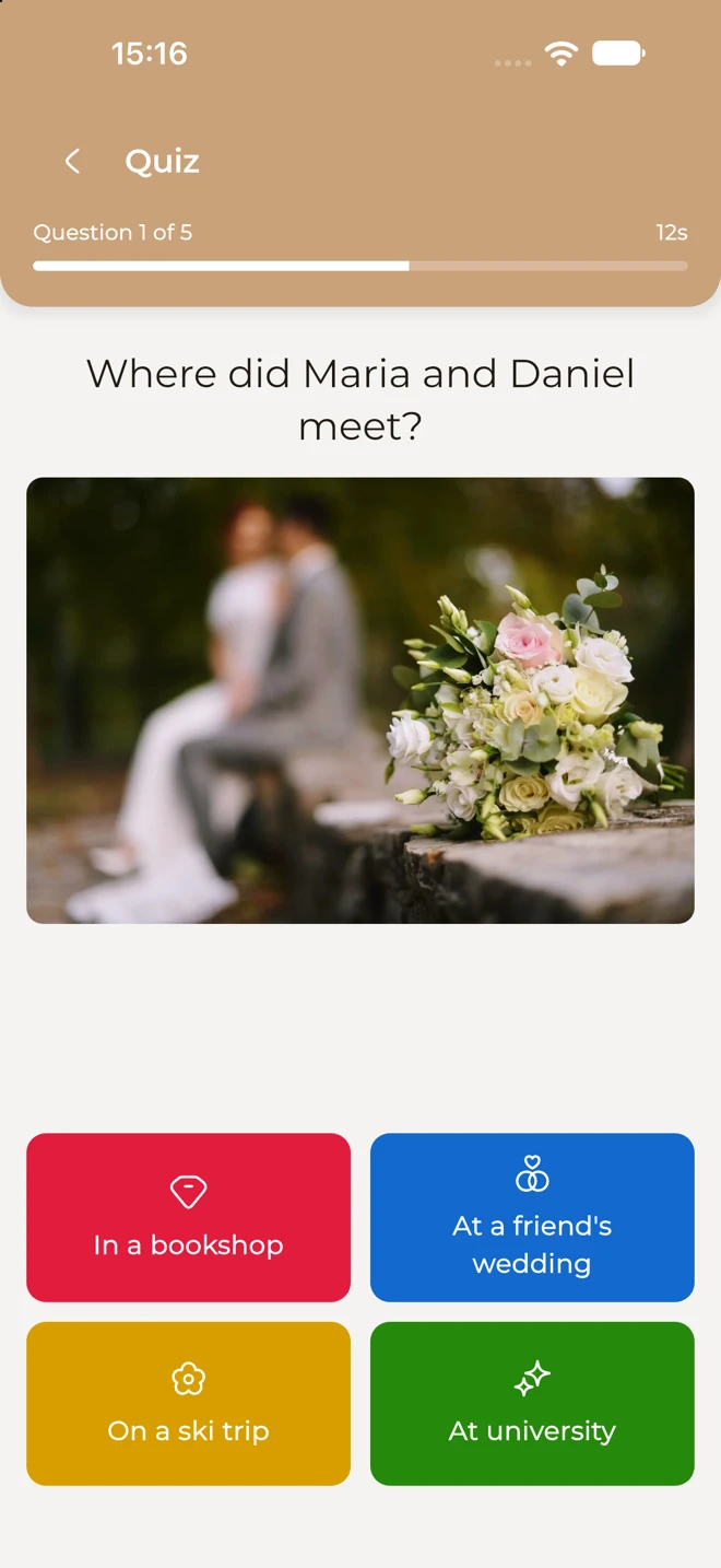 A live quiz question: where did Maria and Daniel meet, with four answers and a timer