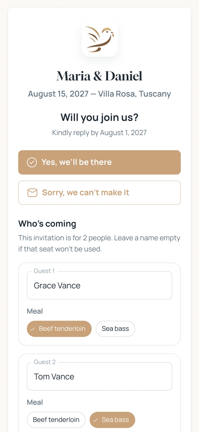 The RSVP form with Grace and Tom coming and a meal chosen for each