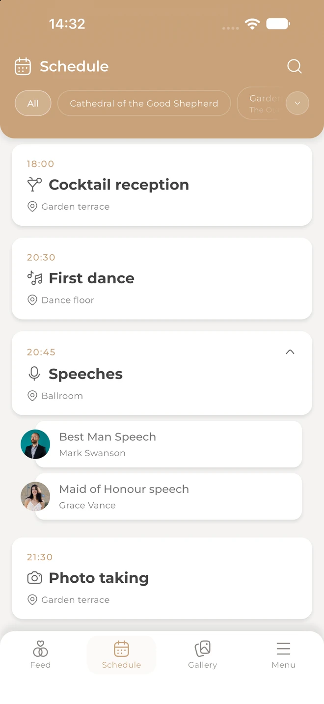 The wedding schedule from the church to the first dance
