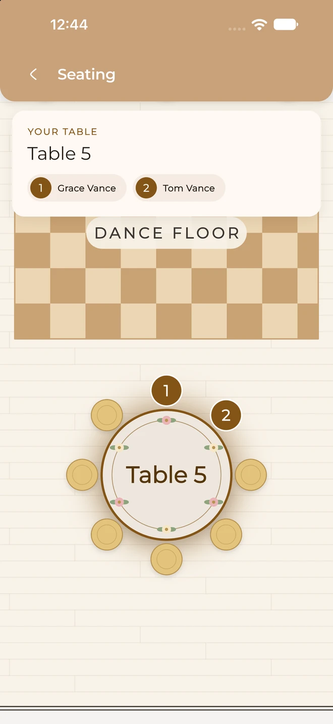Grace and Tom’s seats at Table 5, highlighted on the room plan