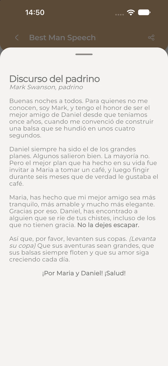 The best man speech translated into Spanish, opened from the schedule